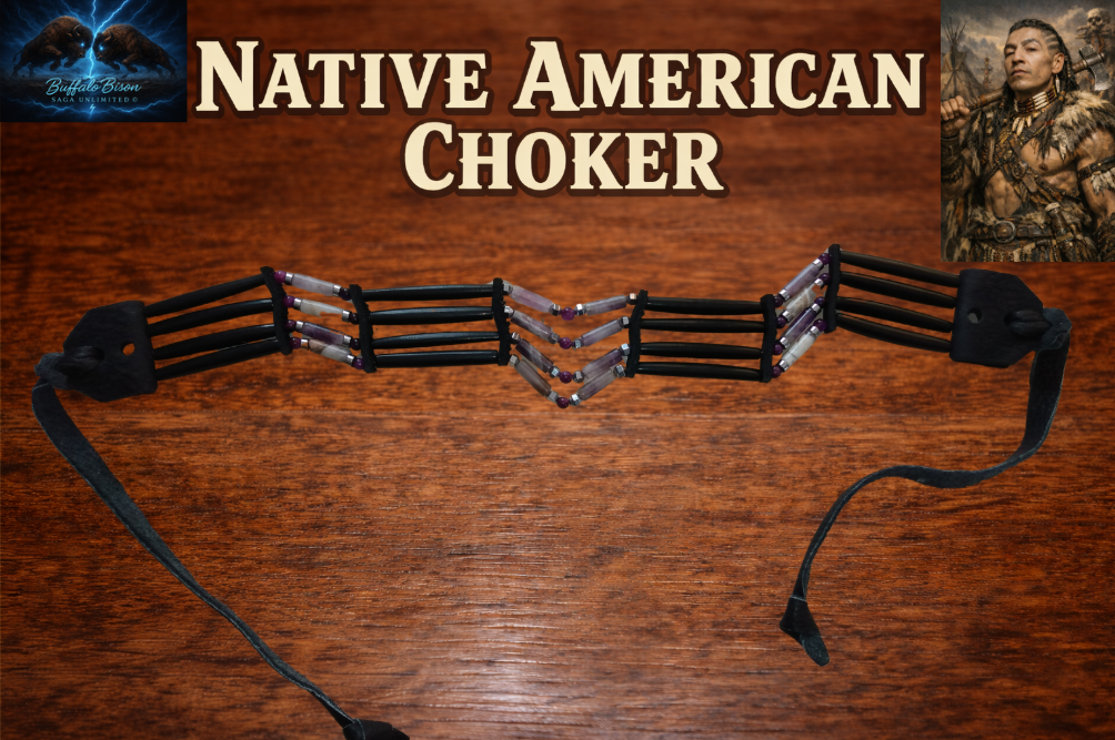 Native American Hand-Crafted Choker (Amethyst Crystal) Buffalo Hair Pipe Bone