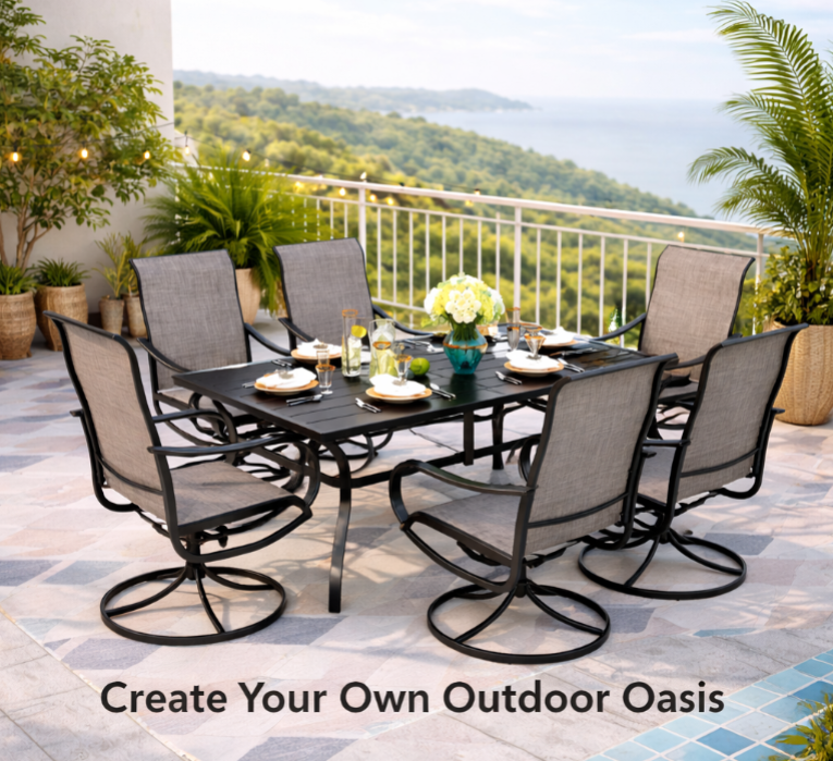 Sophia & William Outdoor Dining Set Patio Dining Set for 6 Outdoor Table and Chairs 7 Pieces Outdoor Patio Set with Swivel Patio Chairs 60"x 38" Metal Table for Garden Pool All Weather Brown