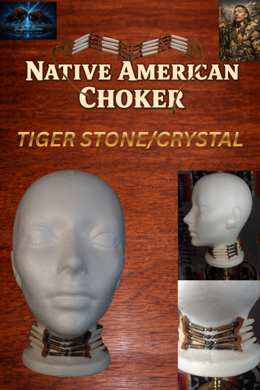 Native American Hand-Crafted Choker (Tiger Stone Crystal) Buffalo Hair-Pipe Bone