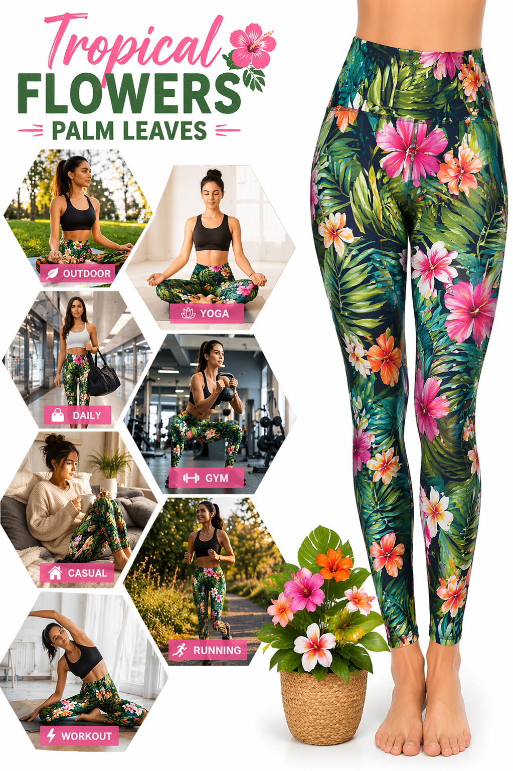 Droeyroest - High Waisted Workout Leggings for Women with Pockets (Tropical Flowers Palm Leaves)