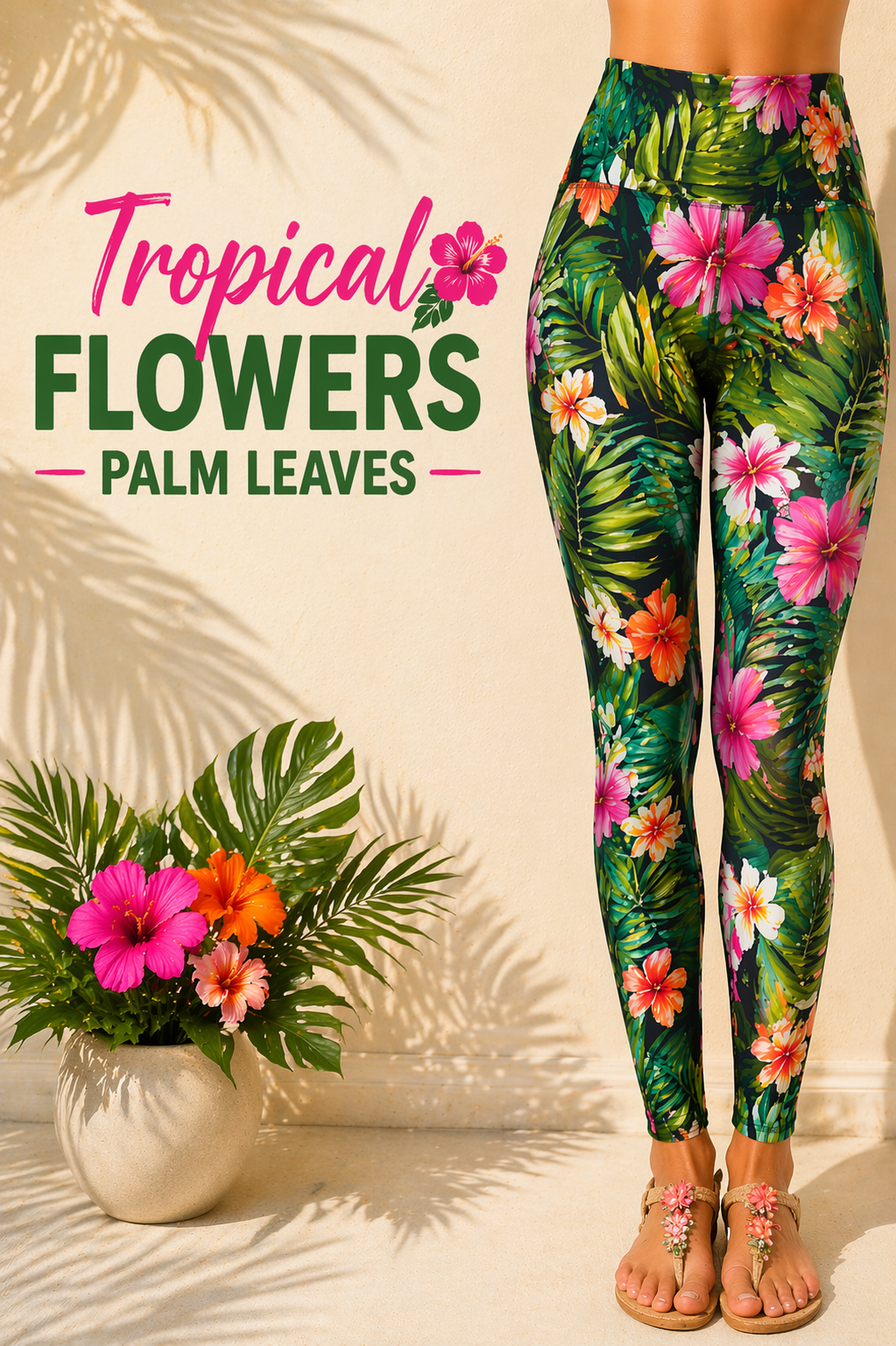 Droeyroest - High Waisted Workout Leggings for Women with Pockets (Tropical Flowers Palm Leaves)