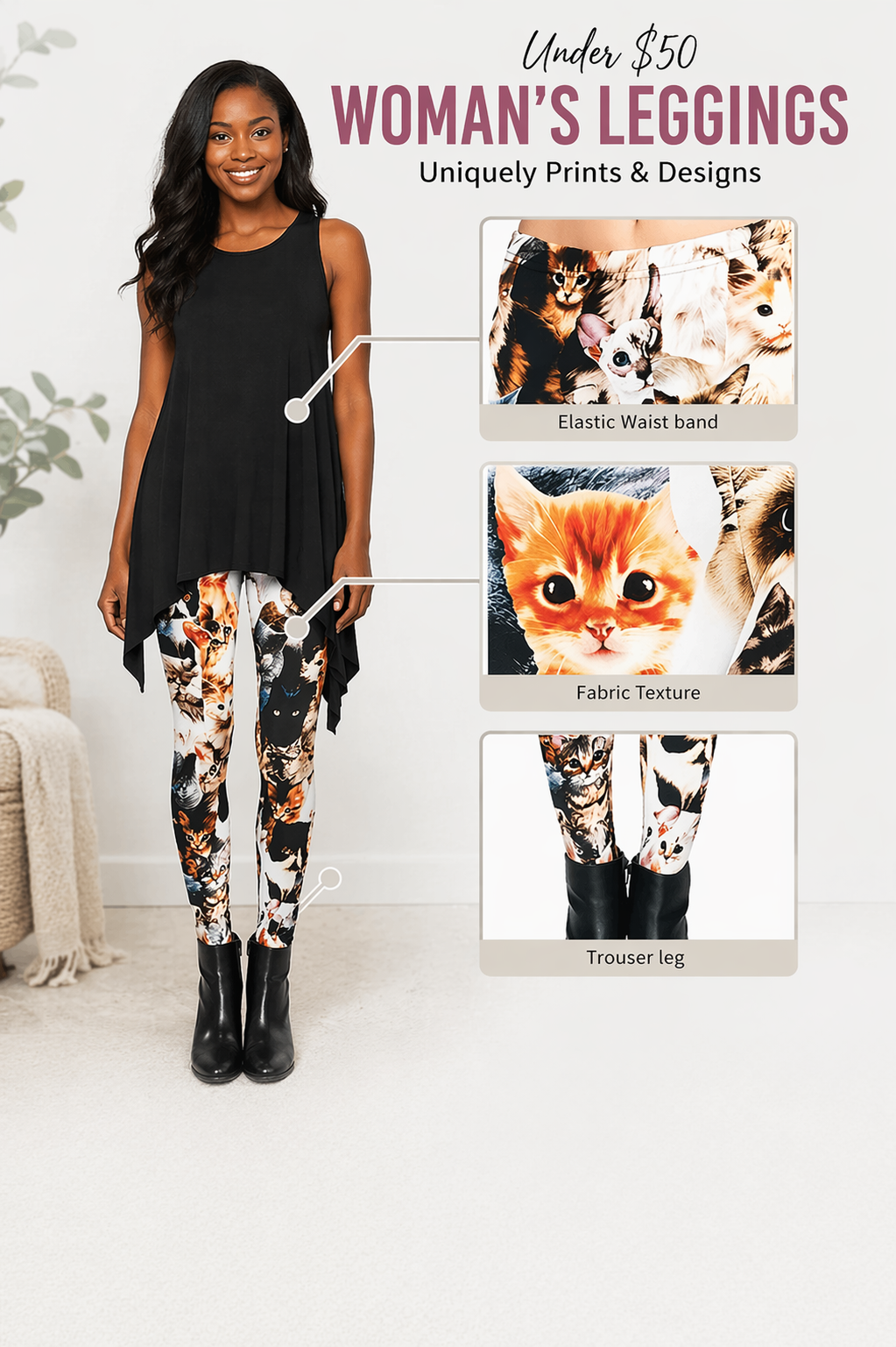 JINKAIJIA Women's Regular Size and Large Size Fashion Designs Digital 3D Printed Leggings (Cats)