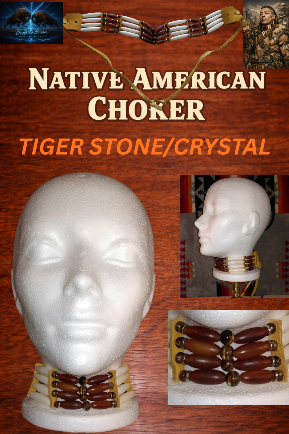 Native American Hand-Made Choker (Tiger Crystal) Buffalo Hair-Pipe Bones