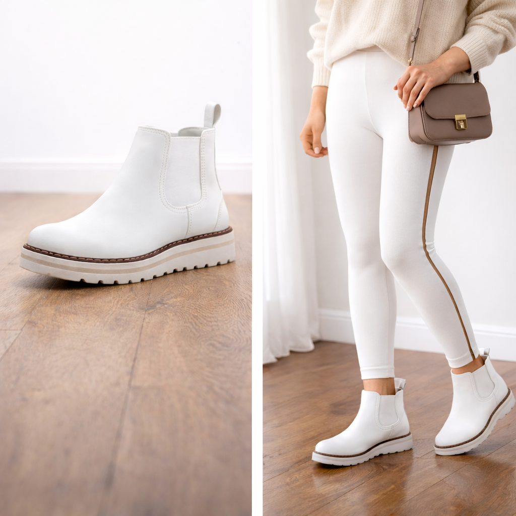 JABASIC Womens Chelsea Elastic Ankle Boots Waterproof Flat Boots(White)
