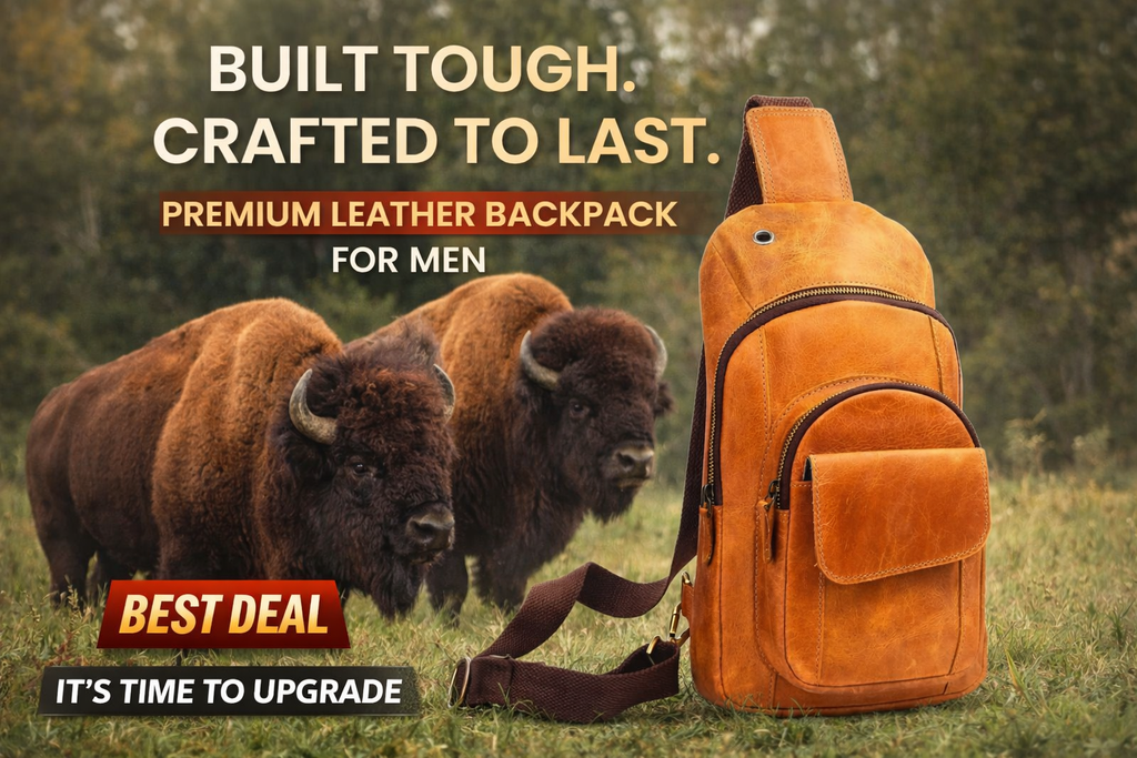 The Tannery - Handmade Buffalo Leather Multipurpose Travel Hiking Cross-body Chest Backpack with Adjustable Shoulder Strap